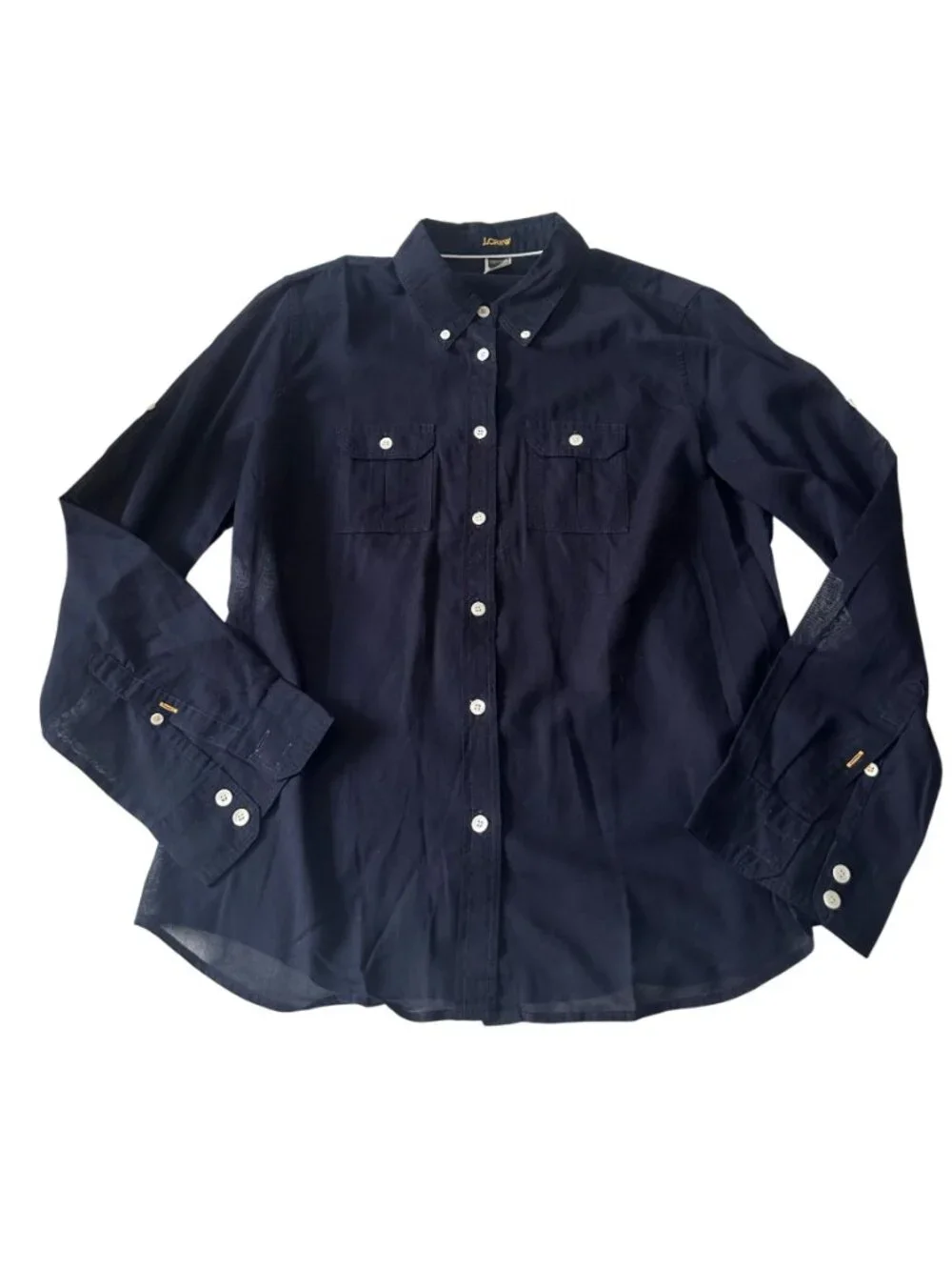 J.Crew Vintage Navy Cotton Utility Shirt Roll Tab Sleeves Petite Large